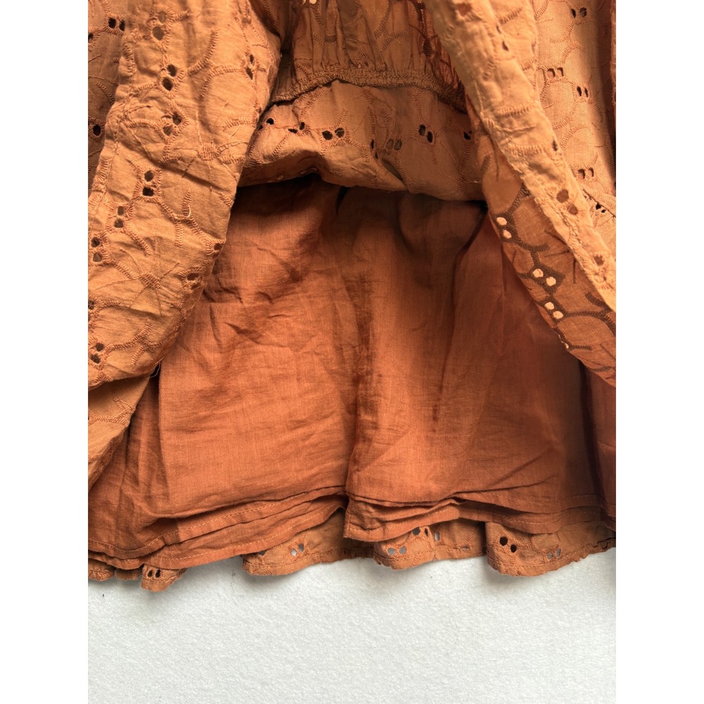 Lush Brown Eyelet Cotton Mini Dress Puff Sleeve Boho Babydoll DR97108E-I Small - Picture 6 of 10